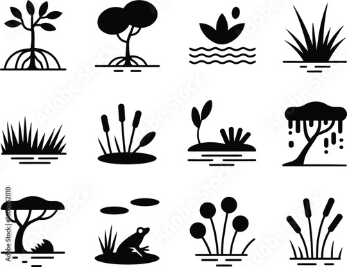Collection of black and white silhouette icons representing wetland plants and animals