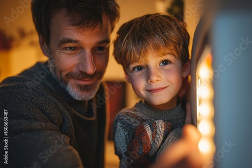 Young boy helping his father adjust the thermostat to lower the heating temperature in their home, emphasizing sustainability and smart home technology, Generative AI