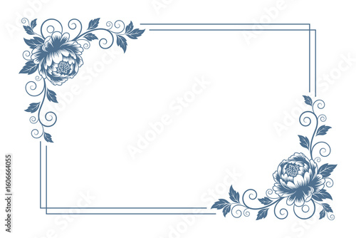 Floral Frame Corner Decoration with Elegant Ornament, Decorative Element, Navy Blue Color, Vector Illustration.