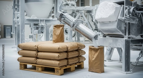 White powder of calcium carbonate dosing in an open bag with a dosing system after the milling from the stone, background: warehouse with raw material pallets
