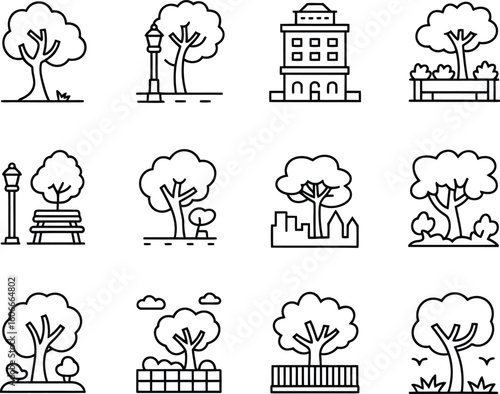 Collection of hand drawn park and city elements with trees and benches