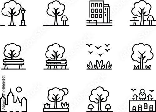 Collection of simple line art icons representing urban park elements and nature scenes
