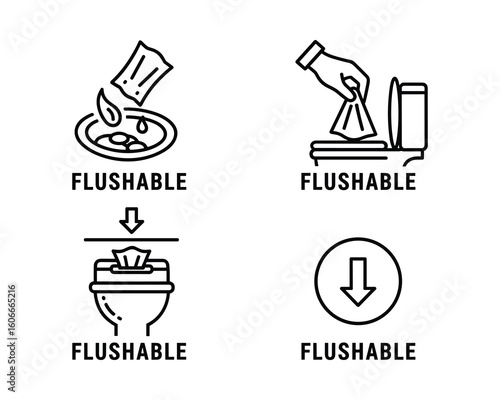 Flushable Symbol Vector Icons Set, Flushable and Disposal Guidelines, Modern Line Vector Illustration