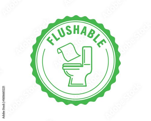Flushable Green Icon Badge with Toilet and Paper Vector Illustration. Round Sticker Design for Packaging