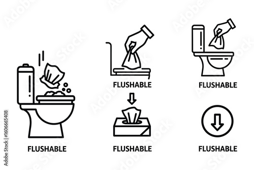 Flushable Wipes Icons Set in Black Outline Style; Toiletries; Hygiene; Symbol; Vector Illustration
