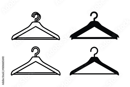 Four Hanger Variations Clothes Hangers Line Art and Filled Silhouette Style Vector Illustration