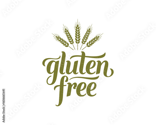 Gluten Free Lettering with Wheat Ears Logo, Olive Color, Grainy Texture, Healthy Food Label Vector Illustration