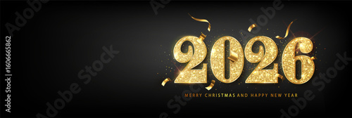 Happy new year 2026 banner. Golden luxury glitter number 2026 for Christmas Holiday Design