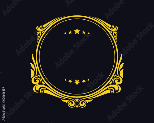 Gold Ornamental Frame with Stars Vector Illustration, decorative round ornate design element in elegant style.