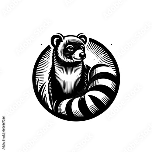 A raccoon peers out from a circular frame, isolated on white background