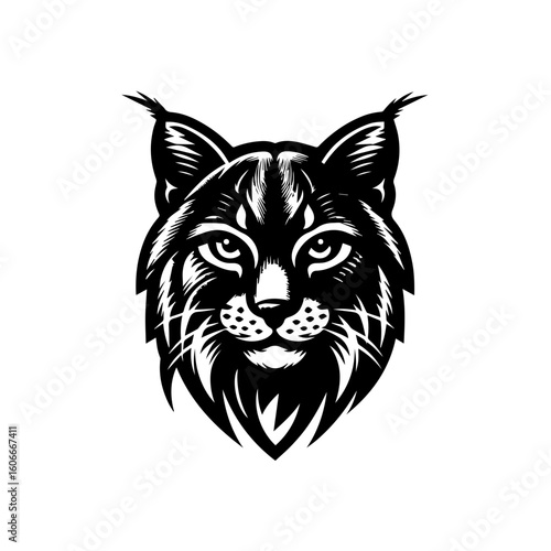 A fierce lynx head is isolated on white background