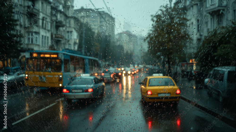 Fototapeta premium Rainy morning city street view captured through a blurred glass window