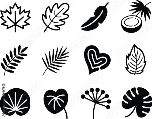 Collection of tropical leaves and coconut icons in black and white hand drawn style