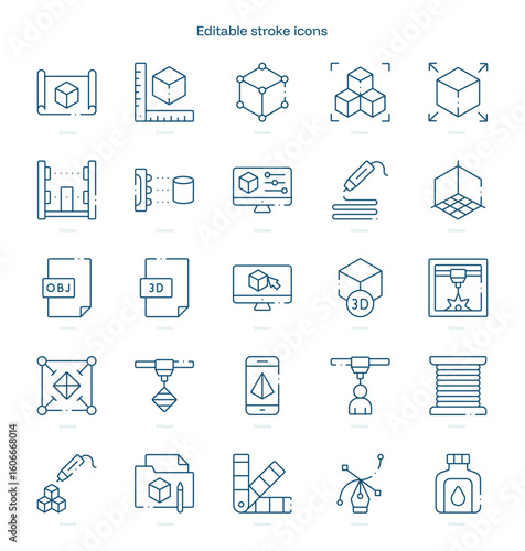 3D Printing stroke icon. 3D Printing line icon set. editable stroke icon pack