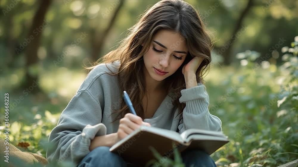 A beautiful young woman with flowing hair sits in a sunny outdoor setting, deeply engrossed in writing within her notebook. Her relaxed posture and focused expression convey creativity, mindfulness A beautiful young woman with flowing hair sits in a sunny outdoor setting, deeply engrossed in writing within her notebook. Her relaxed posture and focused expression convey creativity, mindfulness