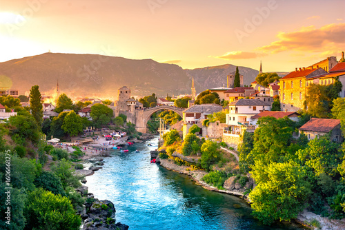 Historical Mostar Bridge known also as Stari Most or Old Bridge in Mostar, Bosnia and Herzegovina