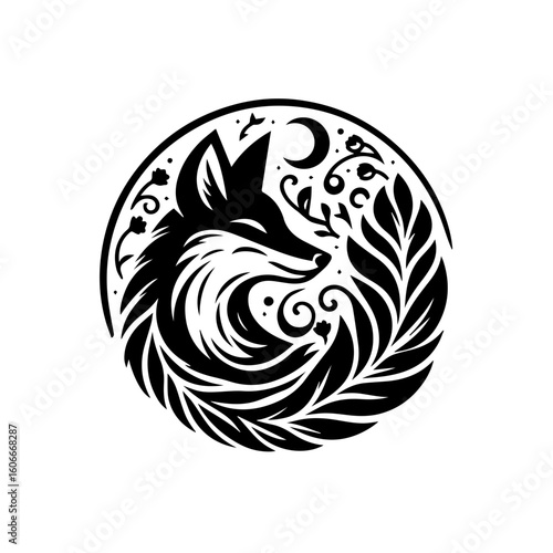 A fox rests among leaves under the moon, isolated on white background