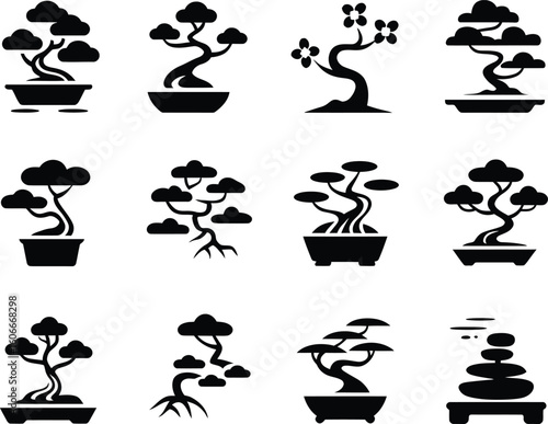 Collection of stylized black silhouette bonsai trees in pots