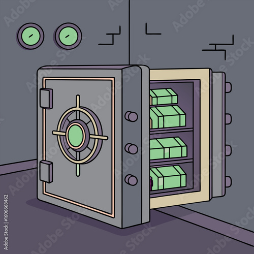 Open cartoon bank vault reveals neat stacks of green money inside its three shelves