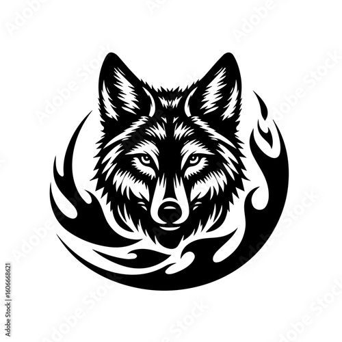 A striking coyote head encircled by stylized flames, isolated on white background