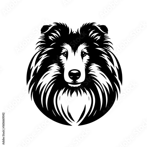 A black and white illustration of a collie isolated on white background