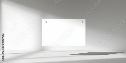 A blank white card floating mid-air with shadows cast below, studio lighting with soft gray gradient background