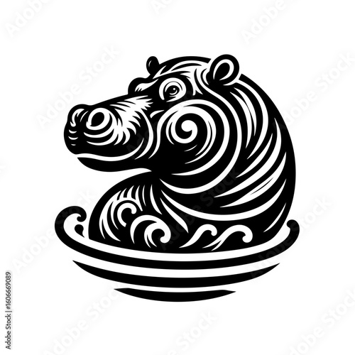 A black and white illustration of a hippo isolated on white background