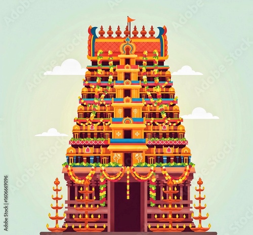 A flat design illustration of a decorated South Indian temple Gopuram for a Hindu festival.