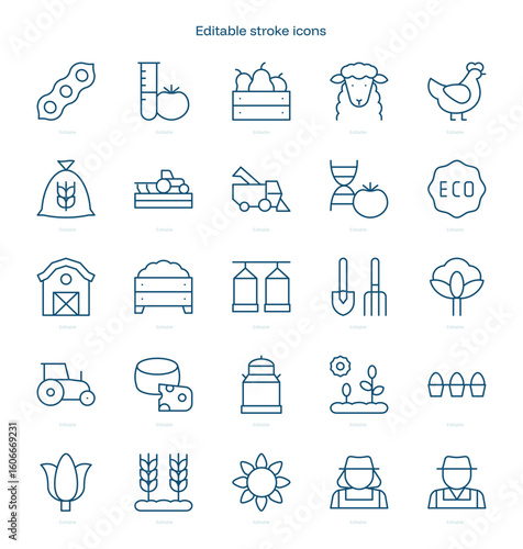 Agriculture stroke icon. Agriculture line icon set. editable stroke icon pack