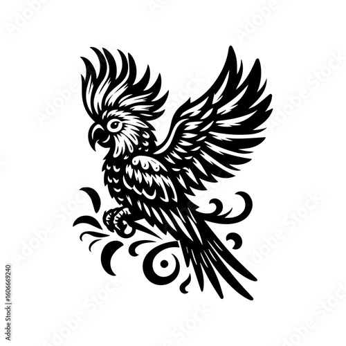 A vibrant cockatoo parrot with ornate details isolated on white background