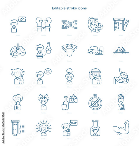 Alcoholism stroke icon. Alcoholism line icon set. editable stroke icon pack