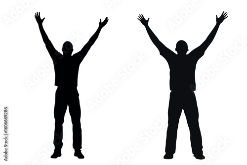 Silhouette of man raising arms up in victory and celebration pose on white background
