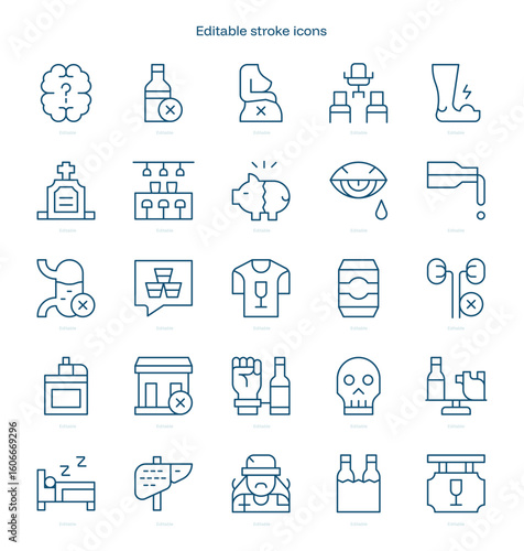 Alcoholism stroke icon. Alcoholism line icon set. editable stroke icon pack