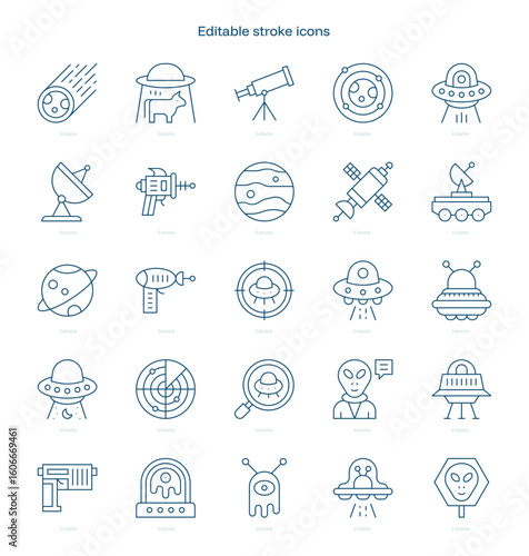 Aliens and UFO stroke icon. Aliens and UFO line icon set. editable stroke icon pack