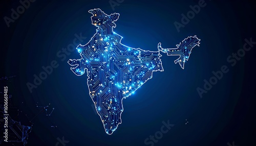 Glowing Circuit Board Map Of A Country, Abstract Digital Technology Concept, India Map States