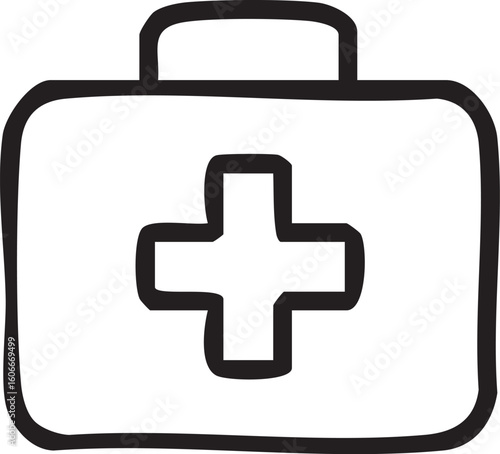 A simple, hand-drawn illustration of a first aid kit, featuring a prominent medical cross on the front.