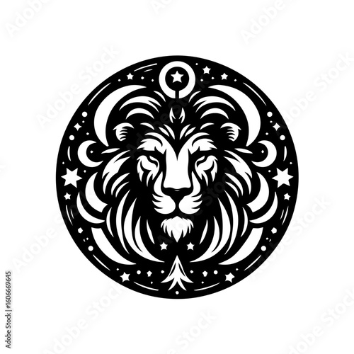 A regal lion head encircled by celestial elements isolated on white background