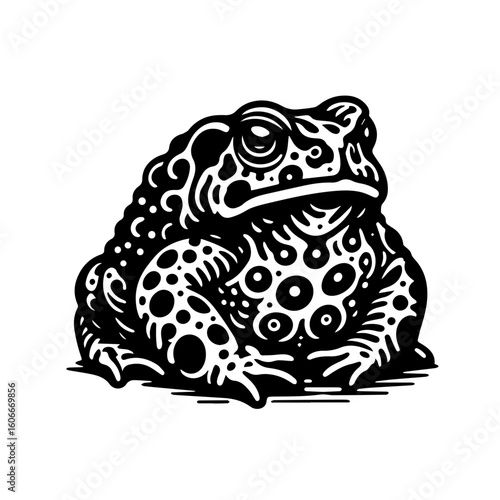 A warty toad is sitting still isolated on white background