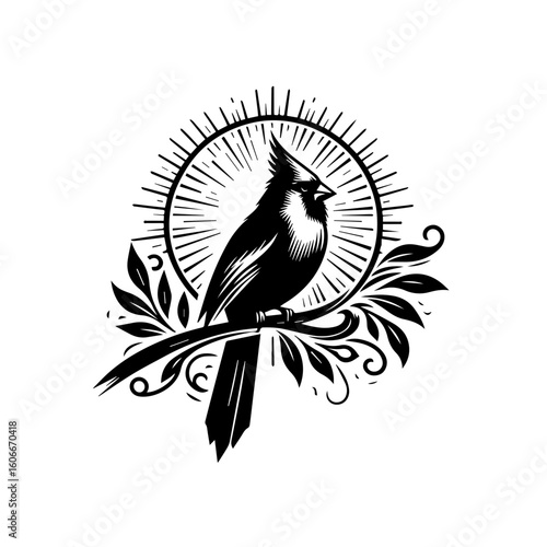 A cardinal perched on a branch with sun rays, isolated on white background