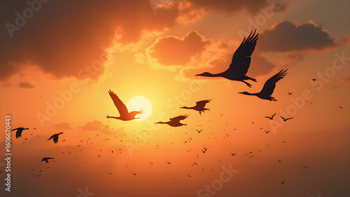Silhouettes of migrating birds at sunset. Dramatic sky photography with birds. Ultra-realistic bird migration images. Stunning nature silhouettes against colorful skies.