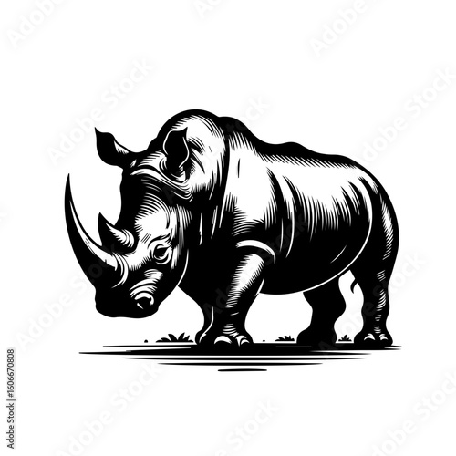 A monochrome rhino stands tall, isolated on white background