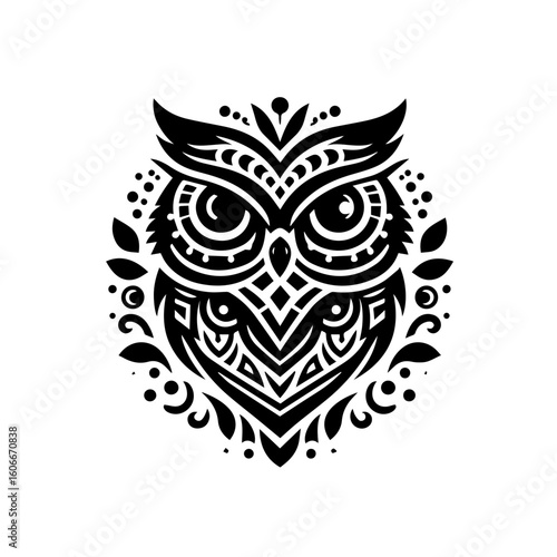 An ornate owl stares forward, isolated on white background