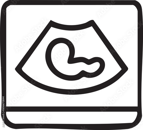 A stylized black and white illustration depicting an ultrasound image of a developing fetus inside the womb.