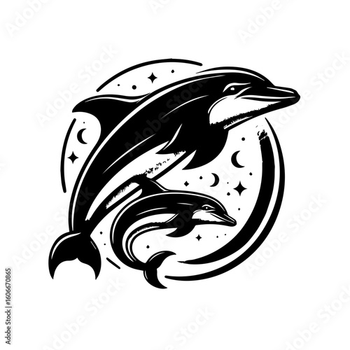 Two dolphins swim together in the moonlight, isolated on white background