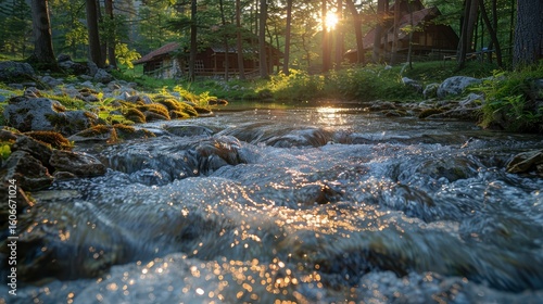Stream flows through woods; sunlight glints on water. Cabins stand nestled among the trees in the distance
