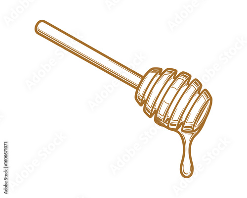 Honey Dipper Stick Drizzling with Honey, Golden Color Outline, Syrup Drip, Sweet Food, Vector Illustration