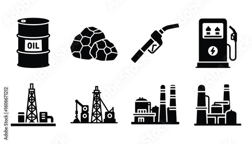 Industry Elements Icons Set of Oil Barrel, Coal, Gas Pump, Gas Station, and Factory Vector Illustration