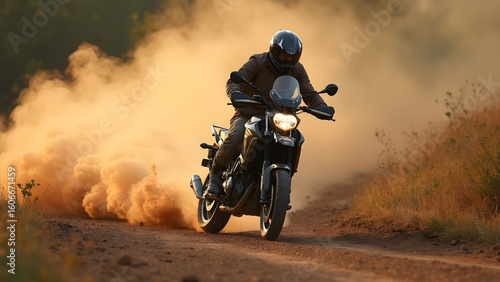 Smoke trail behind motorcycle. Speeding bike on dirt road. Ultra realistic motorcycle chase. Action-packed dirt bike racing visuals.