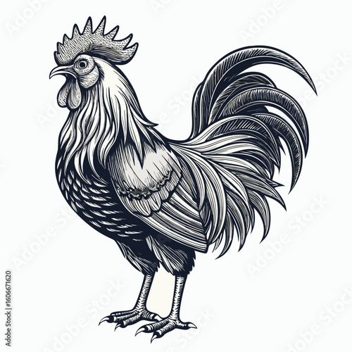 Detailed black and white illustration of a proud rooster standing with its tail feathers fanned out against a white background