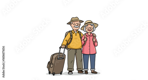 Retired couple smiling together with suitcase on travel adventure  
